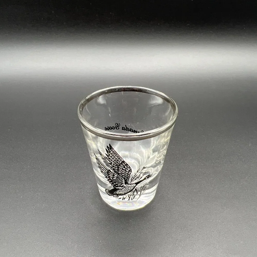 2 MCM wild bird Silver Trimmed shot glasses Goose Canadian Goose Vintage